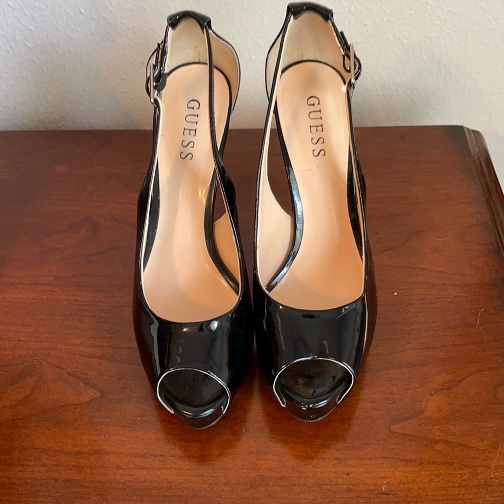 Guess black patent peep toe sling back size 7.5